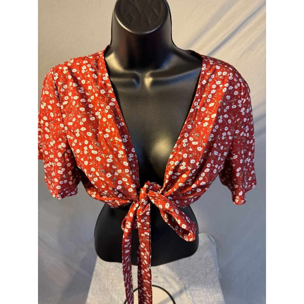 Shrunken Cardigan Shrug Cottagecore Floral Red Women’s Medium M Tie‎ Front Boho